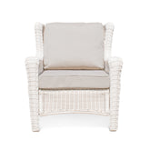 Park Meadows Wicker Outdoor Club Chair in white cream finish, featuring diamond weave details, wide arms, and deep seating. Oakville, ON.